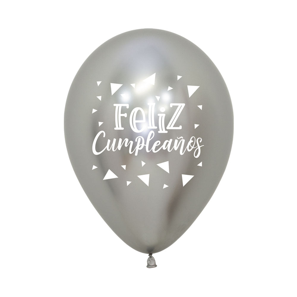 ROUND LATEX BALLOON 2 SIDES HAPPY BIRTHDAY TRIANGLES REFLEX SILVER 