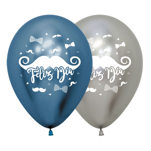 ROUND LATEX BALLOON 2 SIDES HAPPY DAY MUSTACHES REFLEX ASSORTED 