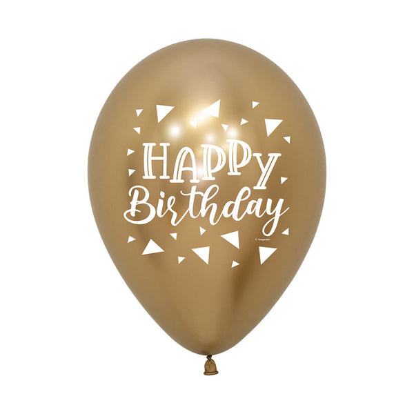 ROUND LATEX BALLOON 2 SIDES HAPPY BIRTHDAY TRIANGLES REFLEX GOLD 