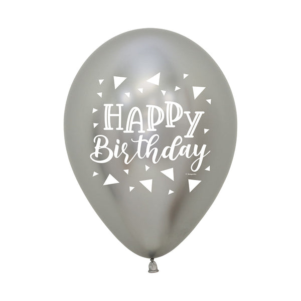 ROUND LATEX BALLOON 2 SIDES HAPPY BIRTHDAY TRIANGLES REFLEX SILVER 