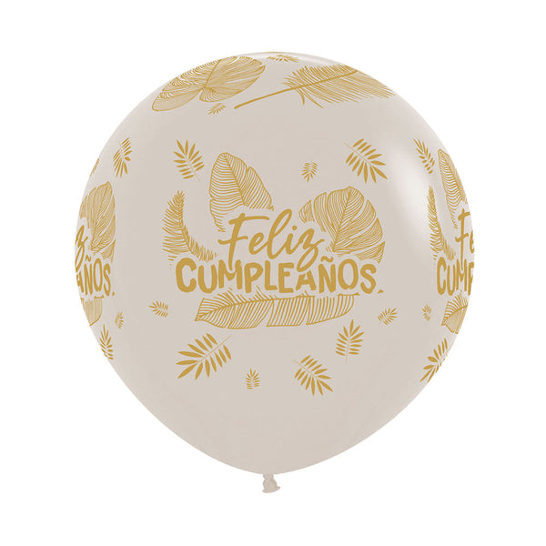 HAPPY BIRTHDAY INFINITY ROUND LATEX BALLOON TROPICAL LEAVES FASHION SAND 