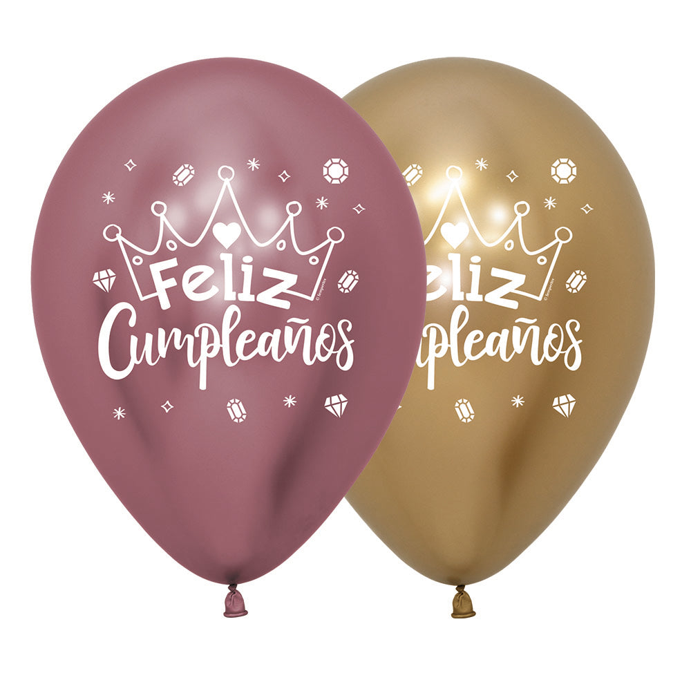 ROUND LATEX BALLOON 2 SIDES HAPPY BIRTHDAY CROWNS REFLEX ASSORTED 